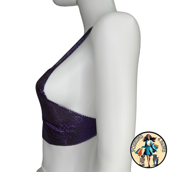 FANNIE SCHIAVONI Hailey Mesh Metallic Festival Draped Crop Top in Purple Size S - Picture 10 of 15